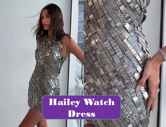 Hailey Bieber Wears unique Metallic Silver Dress made of 500 watch bands at the Miami event