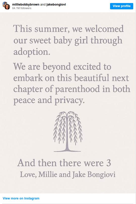 Millie Bobby Brown adopts baby girl, shared the good news on instagram